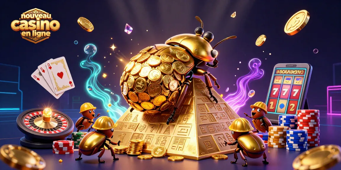 Illustration dynamique d'un nouveau casino en ligne avec un scarabée doré et pièces étincelantes.