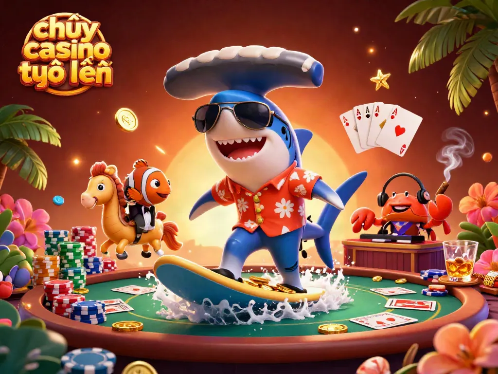 Chơi casino trực tuyến cùng cá mập mạnh mẽ, chú cá hề lịch lãm và DJ cua năng động trong bối cảnh ồn ào.