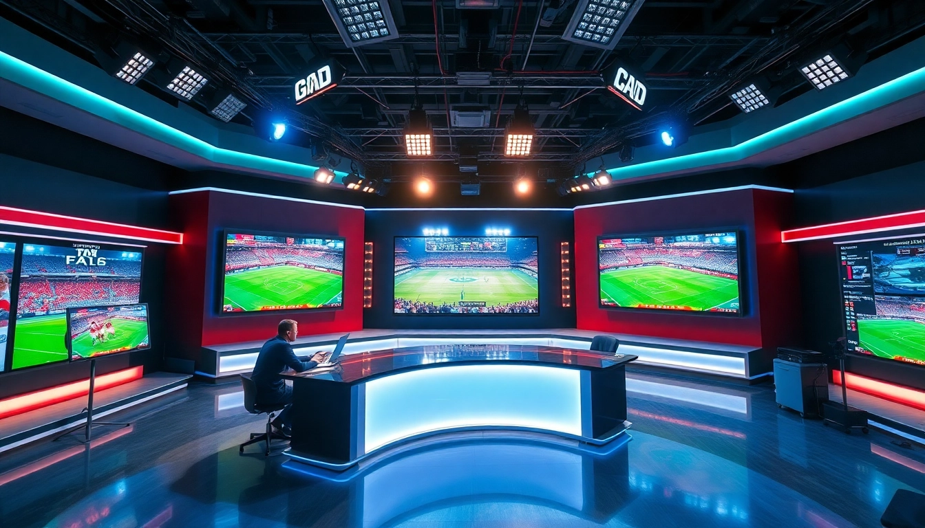 Engaging scene of sports broadcasting with journalists and live events providing dynamic coverage.