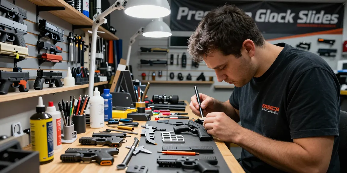 Customization process at https://precisionglockslides.com featuring detailed Glock slide assembly in a professional gunsmith workshop.