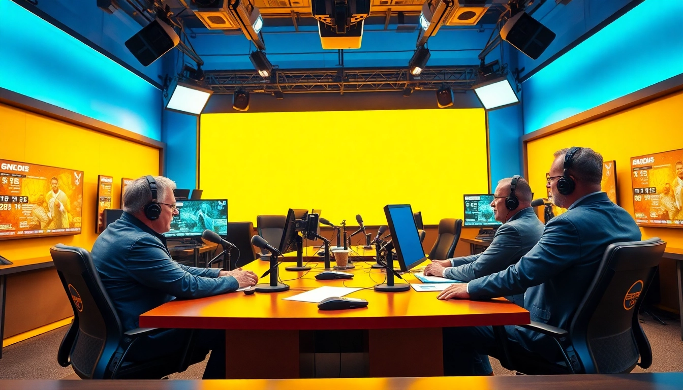 Engaging scene of Sports Broadcasting professionals in a vibrant studio environment.