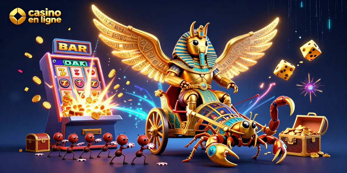 Plongez dans l'univers du casino en ligne avec un scarabée colossal en armure pharaonique, entouré de jeux de casino vibrants.