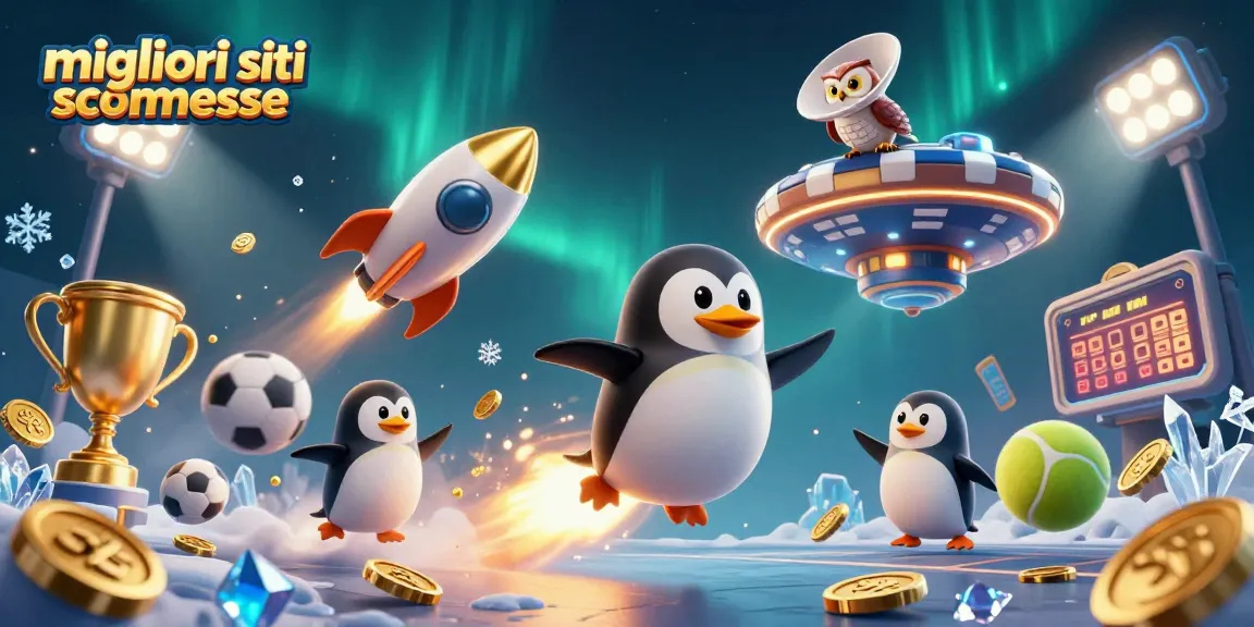 Fai le scommesse sui migliori siti scommesse con un pinguino dorato che vola nello spazio tra sport e casinò.