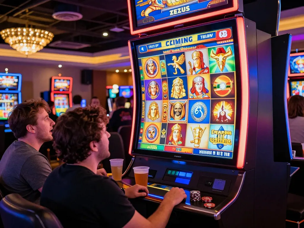 Pemain merayakan kemenangan di mesin slot Zeus di bawah cahaya kasino yang cerah.
