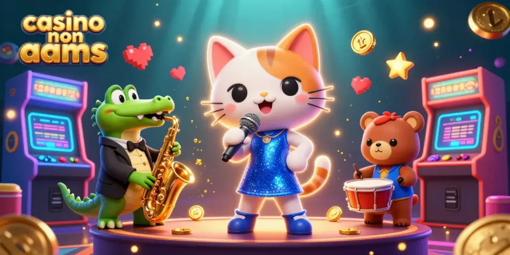 Illustrazione 3D di un casino non AAMS con un gatto cantante e giochi arcade luccicanti