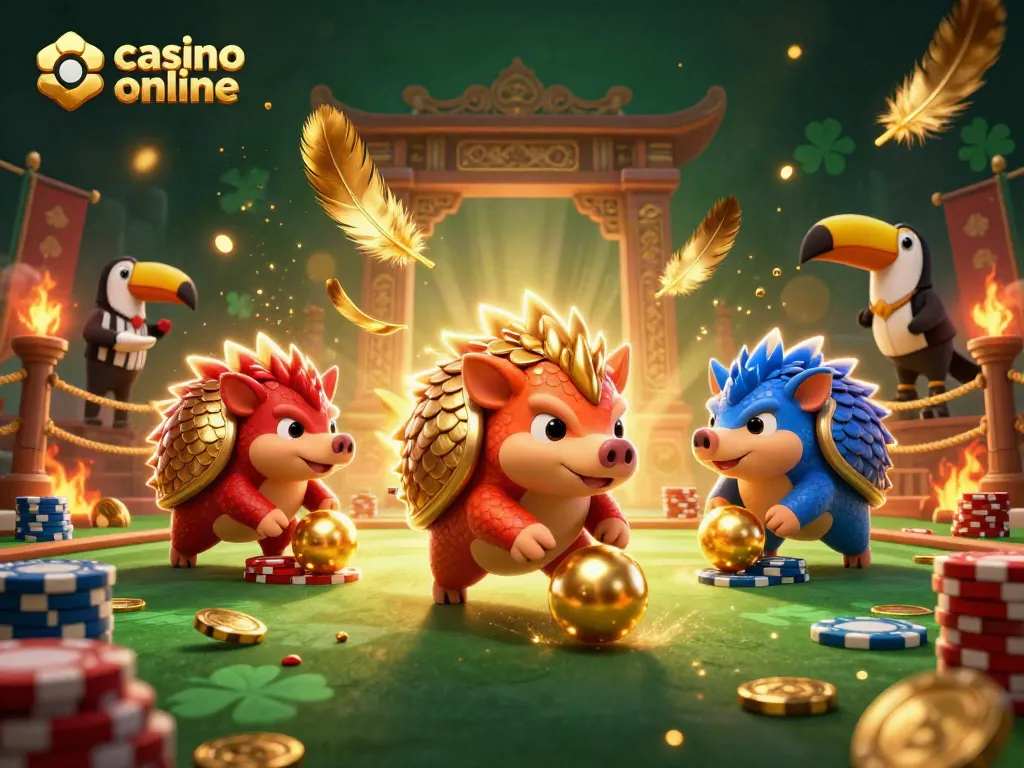 Juega en un casino online mientras los pangolines competitivos ruedan sobre fichas de póker.
