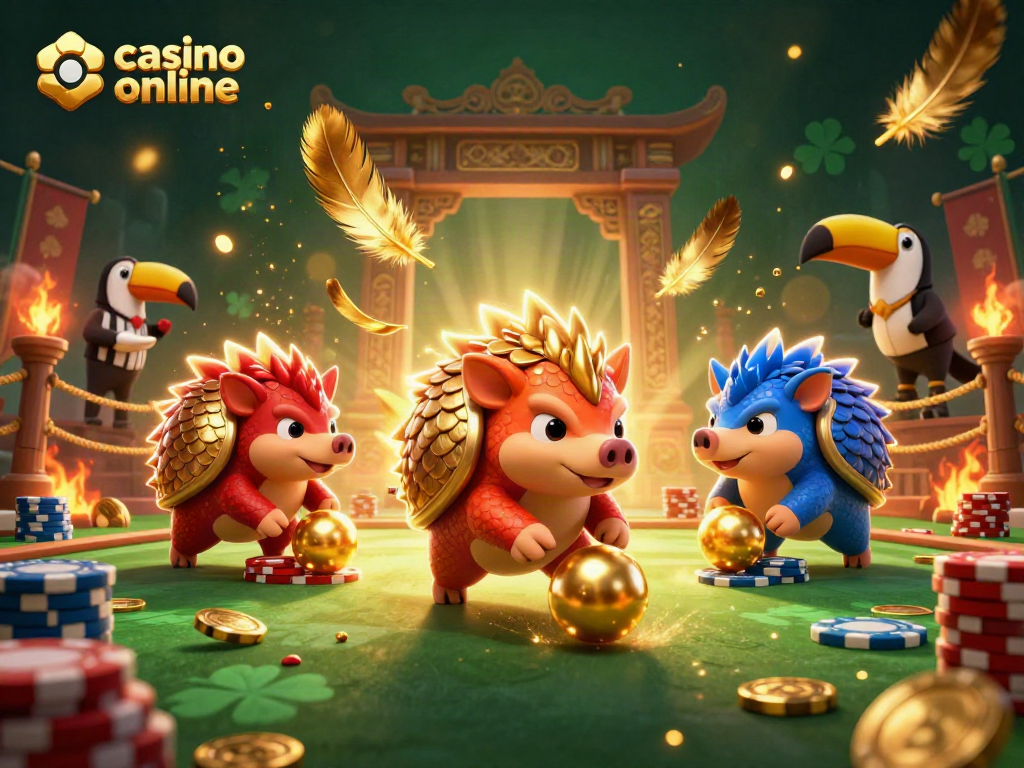 Juega en un casino online mientras los pangolines competitivos ruedan sobre fichas de póker.