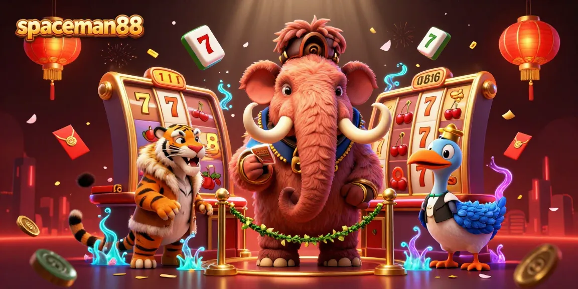 Spaceman88 casino scene with a woolly mammoth bouncer and a VIP saber-tooth tiger amidst vibrant slots.