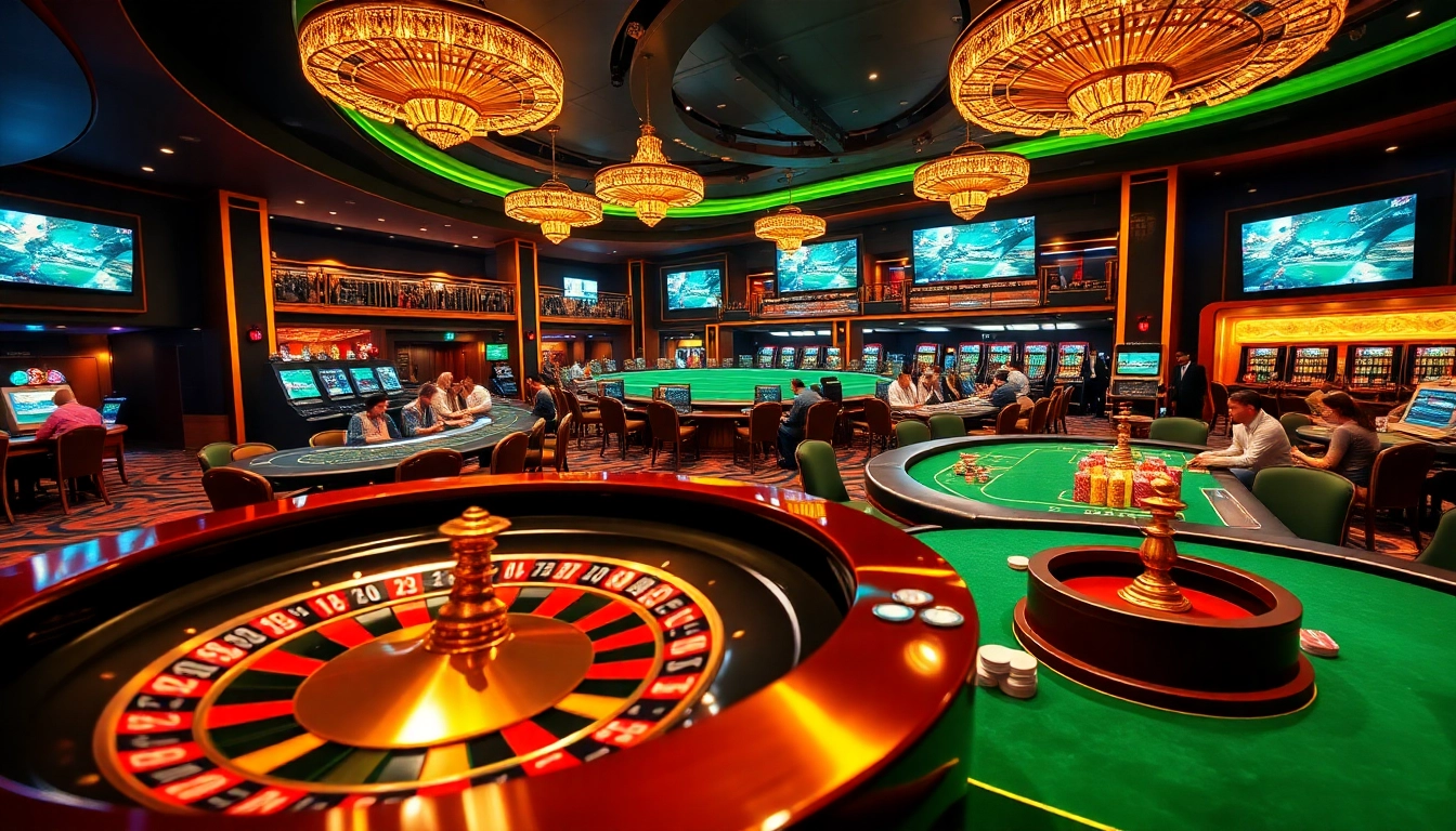 Experience thrilling gaming at nhà cái PS99 with vibrant casino tables, roulette, and engaging players.