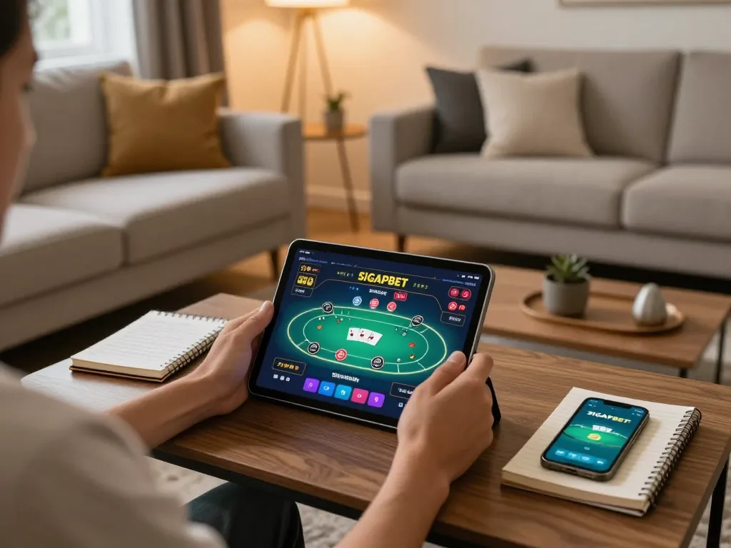 Engaging with SIGAPBET app on tablet during home gaming session, showcasing online poker.