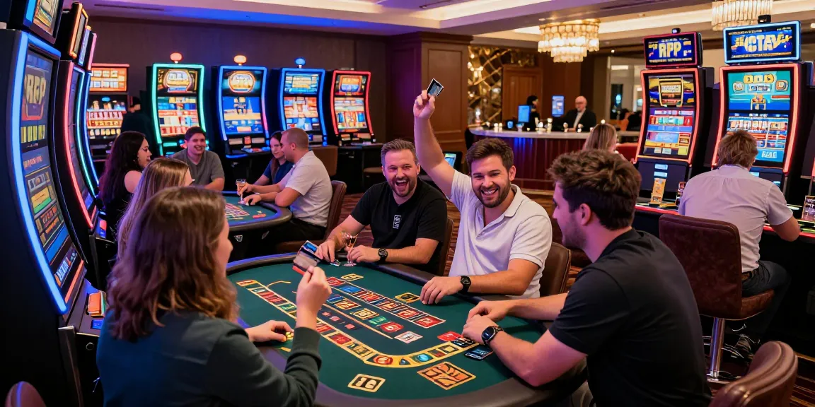 Exciting environment showcasing credit card deposit casinos, with diverse players celebrating wins at modern gaming tables and vibrant slot machines.