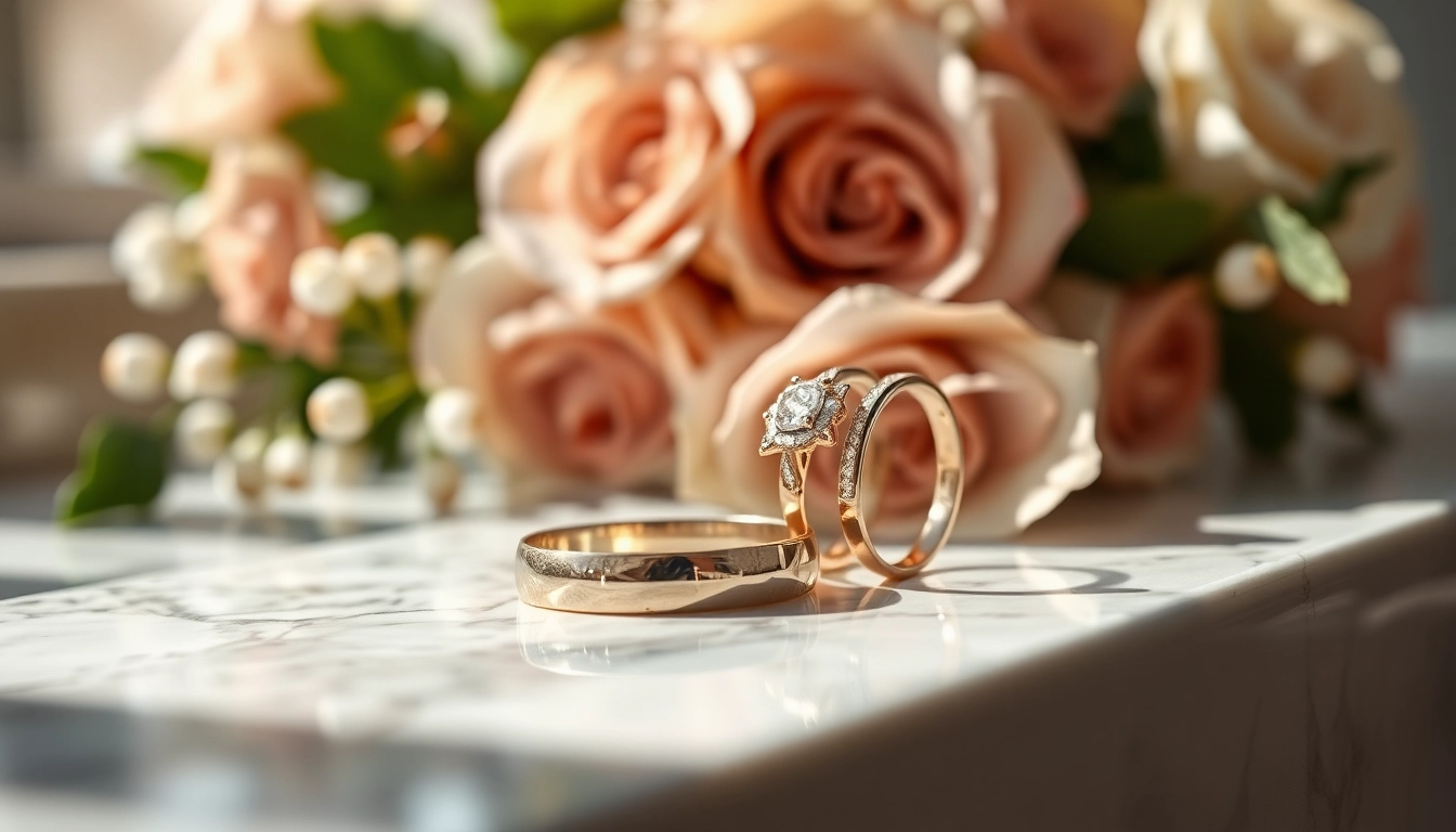 Beautiful couple rings gleaming on marble, surrounded by soft flowers, radiating romance.