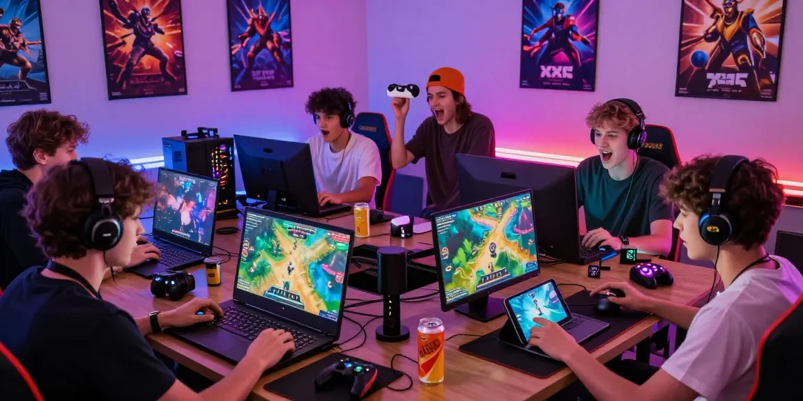 Gamers enjoying exciting xxx games on various devices in a vibrant gaming room.