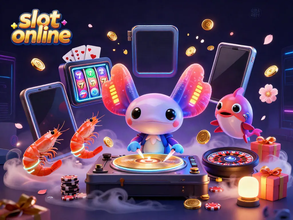Slot online menampilkan ilustrasi 3D kartun dengan axolotl DJ neon dan elemen permainan kasino yang ceria.