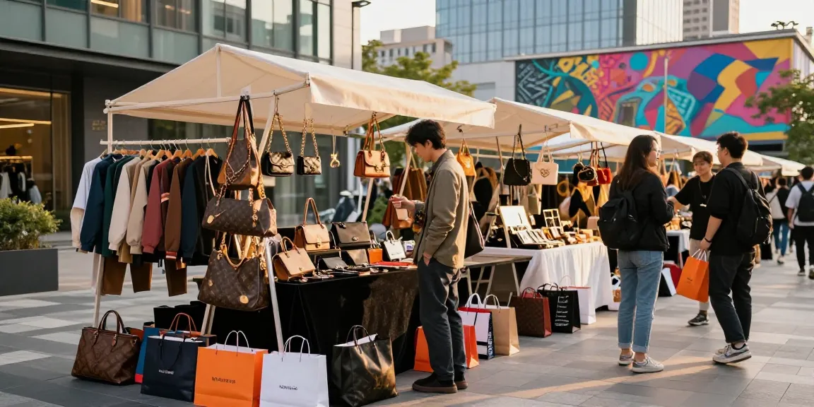 Engaging shopper exploring high-quality 레플리카 사이트 fashion items in vibrant urban market setting.