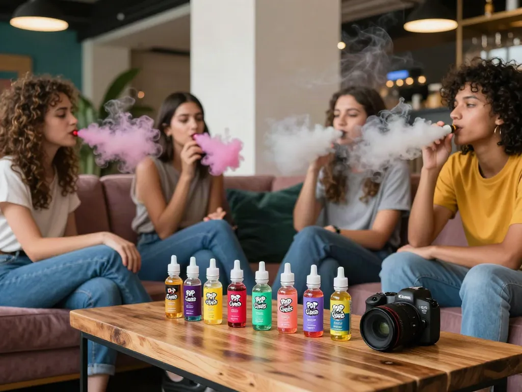 Friends enjoying Pop Clouds E-Liquid in a cozy lounge setting with colorful vapor clouds.
