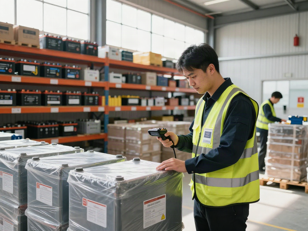 Batterie Transport in einem logistischen Lager mit einem Fachmann, der versiegelte Transportcontainer inspiziert.