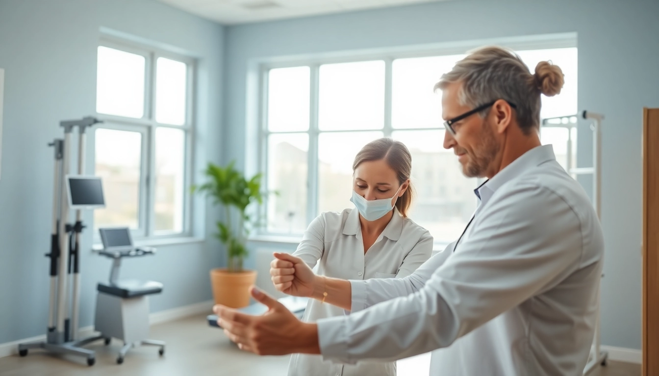 Find reliable physiotherapy near me with a professional assisting a patient in a welcoming clinic.