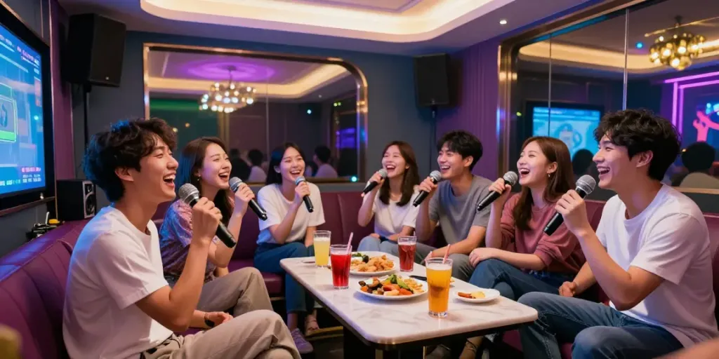 강남 달토의 현대적 가라오케 룸에서 즐거운 분위기 속 친구들이 노래하고 있는 모습