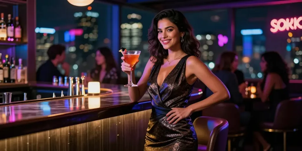Vibrant nightlife with sophie rain xxx content, woman in stylish attire at a bar.