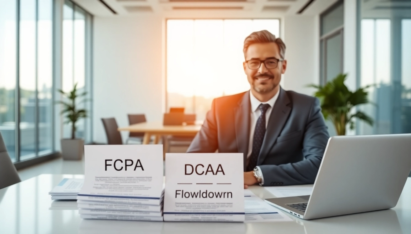 Showcasing FCPA/DCAA/Flowdown/ITAR/EAR compliance documents on a consultant's desk highlighting compliance expertise.