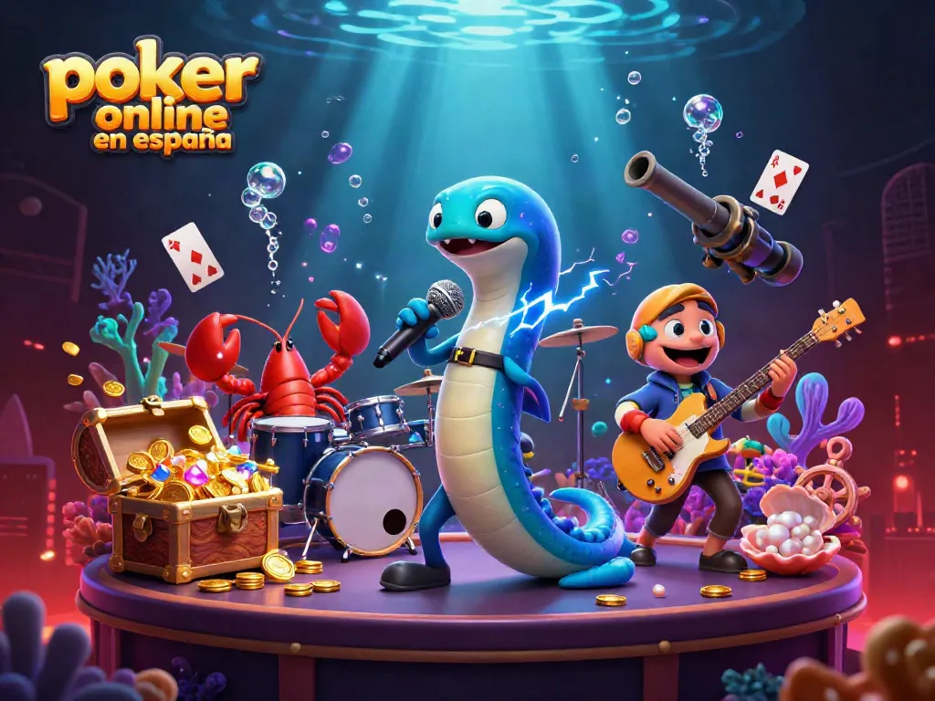 Disfruta del poker online en España con una vibrante escena de casino submarino animada.