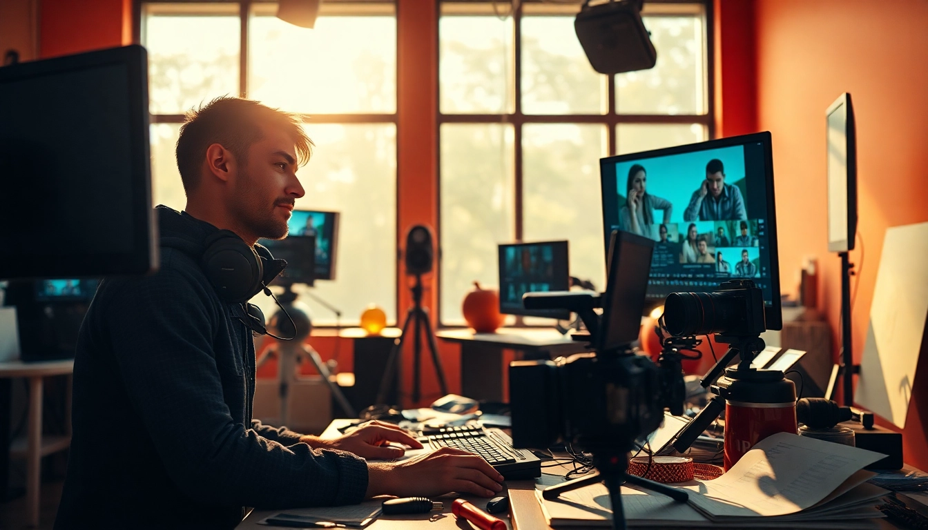 Creative film maker engaged in video editing in a bright studio environment.