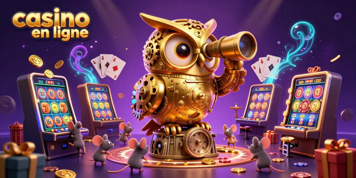 Découvrez l'animation d'un casino en ligne avec une chouette dorée et des souris entre les machines à sous.