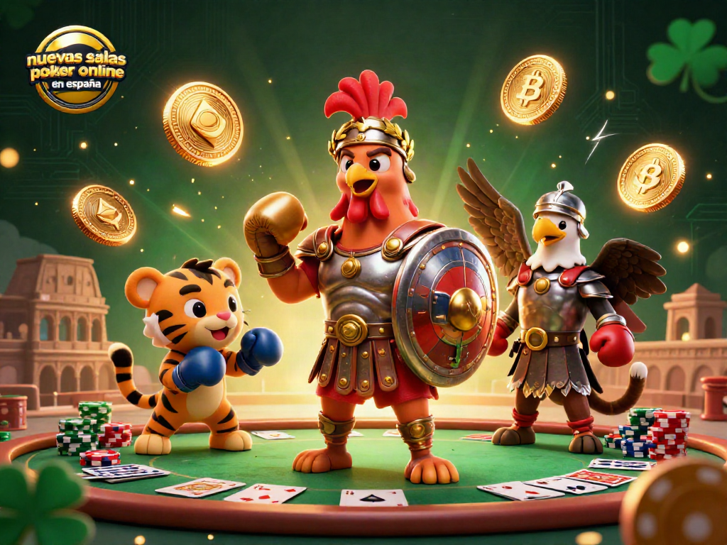 Ilustración de nuevas salas de póker online en España, con un gallo gladiador en armadura y un cachorro tigre en un coliseo, rodeados de cartas y fichas.