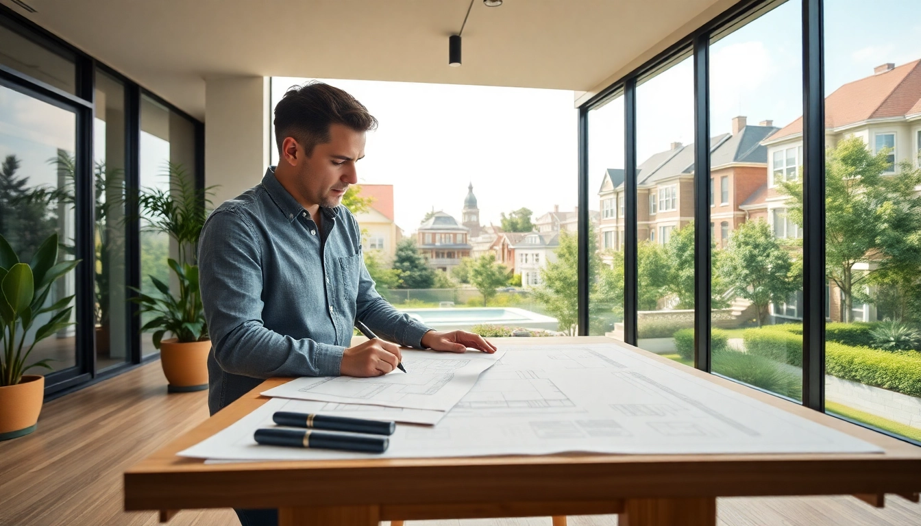 Residential Architect Boston designing a modern home, featuring professional workspace and vibrant urban landscape.