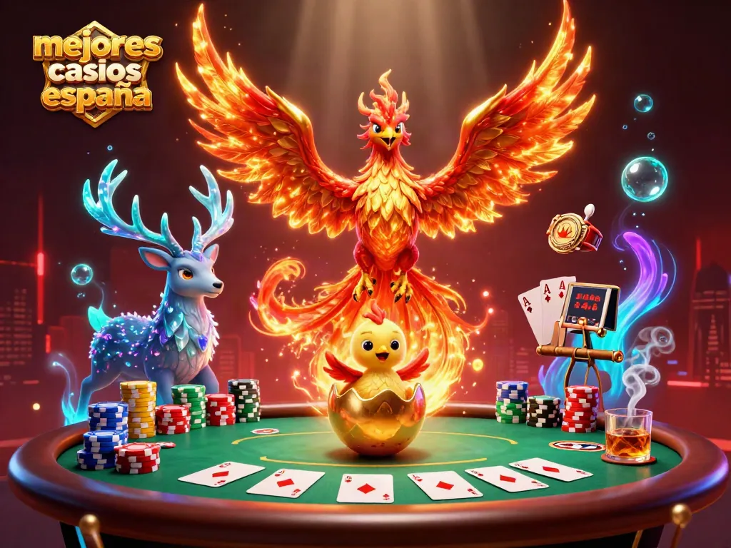 Los mejores casinos online España presentan un emocionante universo con un fénix en llamas y un ciervo místico observando el juego de póker.