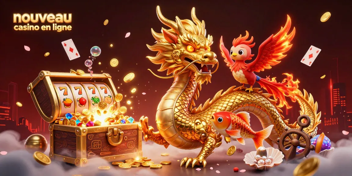 Scène vibrante d'un nouveau casino en ligne avec un dragon chinois et un phoenix, entouré de machines à sous et de pièces d'or.
