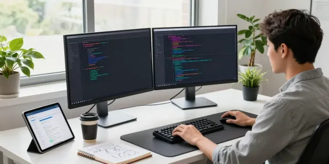 Workspace featuring Notepad++ coding setup, showcasing dual monitors and modern tools for software development on https://notepad-app.co/.