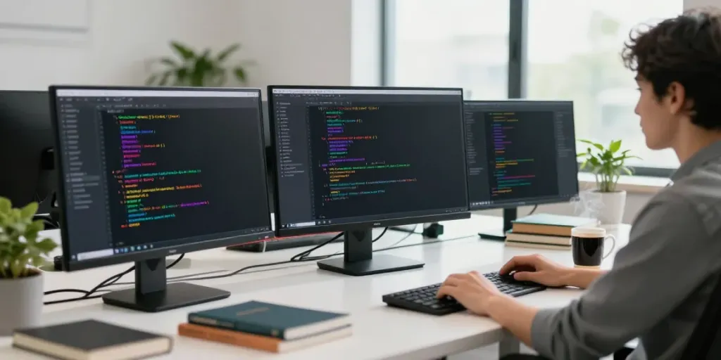 Programmer using Notepad++ in a modern office setup with multiple monitors.