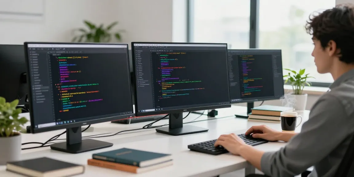 Programmer using Notepad++ in a modern office setup with multiple monitors.