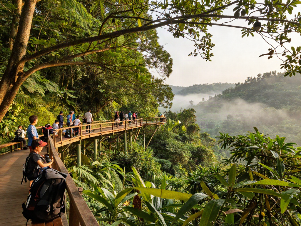 Treetop Walkway experience with visitors surrounded by lush greenery and scenic views.