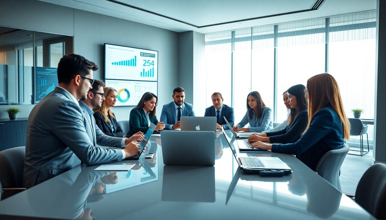 Group analyzing b2b competitive intelligence in a modern office.
