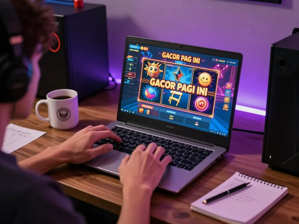 Playing slot gacor pagi ini on a laptop in a cozy home environment with coffee and strategy notes.
