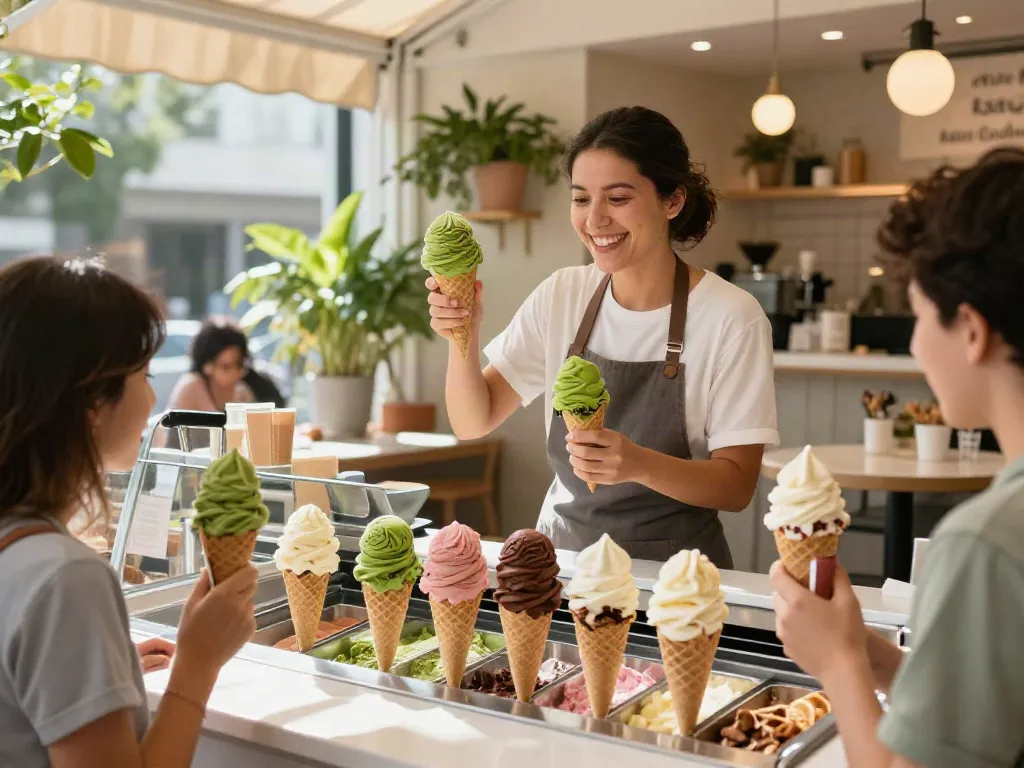 Enjoying unique flavors at ROKOK88 SUPER ice cream shop, vibrant and inviting atmosphere.