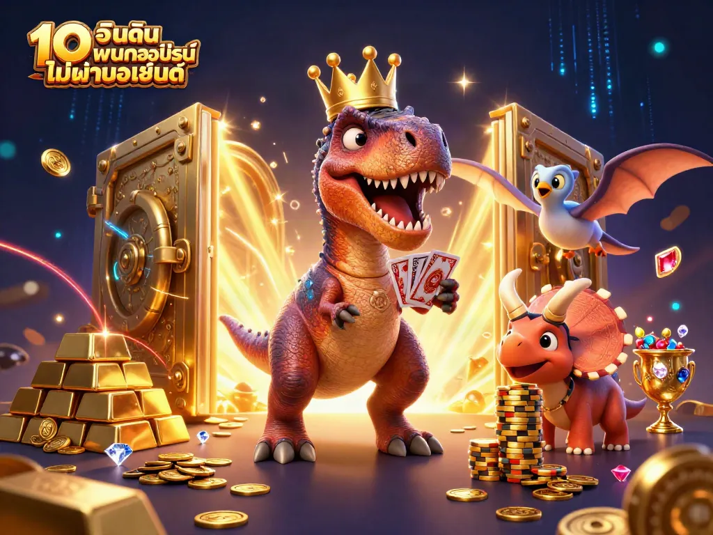 ภาพกราฟฟิก 10 อันดับ เว็บพนันออนไลน์ ไม่ผ่านเอเย่นต์ ที่ประกอบด้วยไดโนเสาร์และการ์ตูนประดิษฐ์