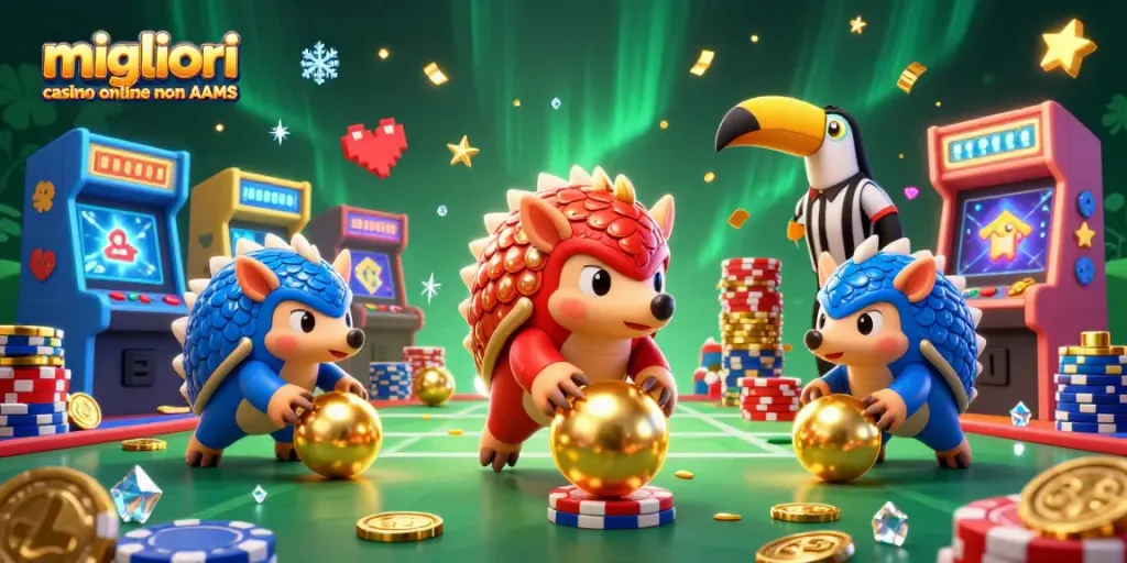 I migliori casino online non AAMS analizzati attraverso un'illustrazione vivace di pangolini rivali e altri elementi di gioco.