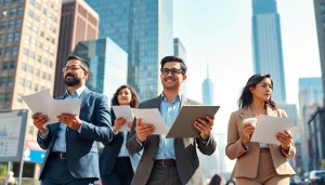 Job seekers searching for new york jobs against the NYC skyline to inspire ambition.