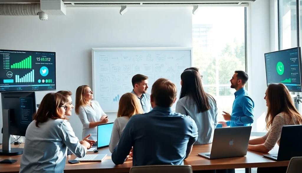 SMM services collaboration among a dynamic digital marketing team in a bright office.