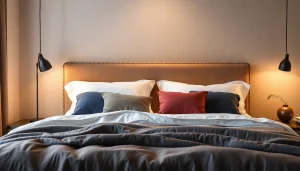 Cuscini per letto morbidi e colorati disposti su un elegante letto matrimoniale, per un comfort ottimale.