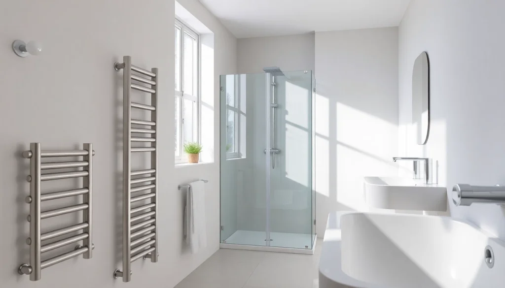 Wunderschöne Badezimmeransicht von sonni sanitär GmbH mit eleganten Duschwänden und Radiatoren.