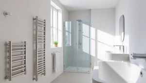 Wunderschöne Badezimmeransicht von sonni sanitär GmbH mit eleganten Duschwänden und Radiatoren.