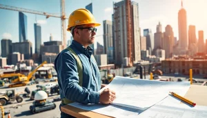 General contractor in New York City overseeing construction projects with a vibrant skyline.