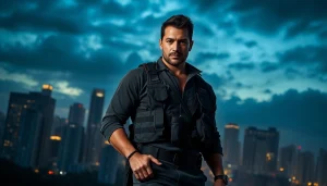 Character represents Better than Reacher amidst a dramatic urban backdrop, showcasing strength and resilience.