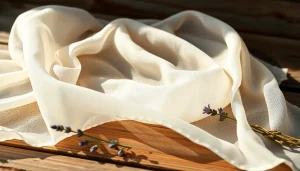 Mousseline stof met delicate patronen en een rustieke toets op een houten tafel.