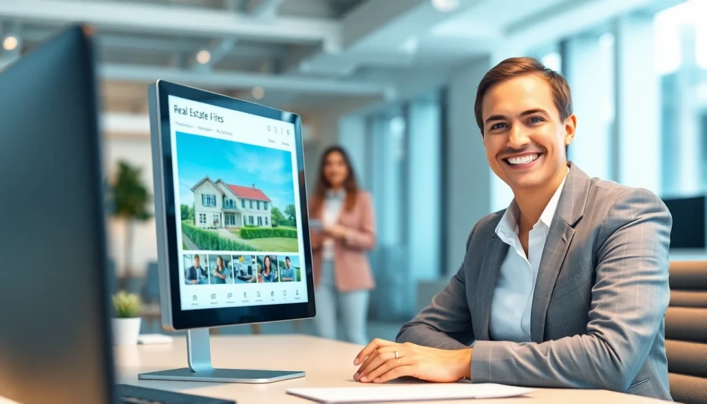 Showcasing real estate property details by a professional agent in a modern office